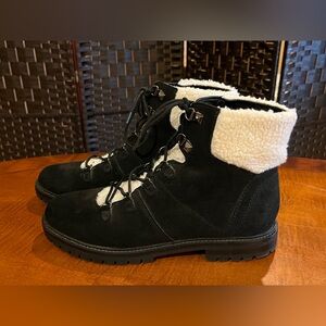 Marc Fisher Hopee Booties black suede w/ white faux fur/ Sherpa trim Lug sole 10